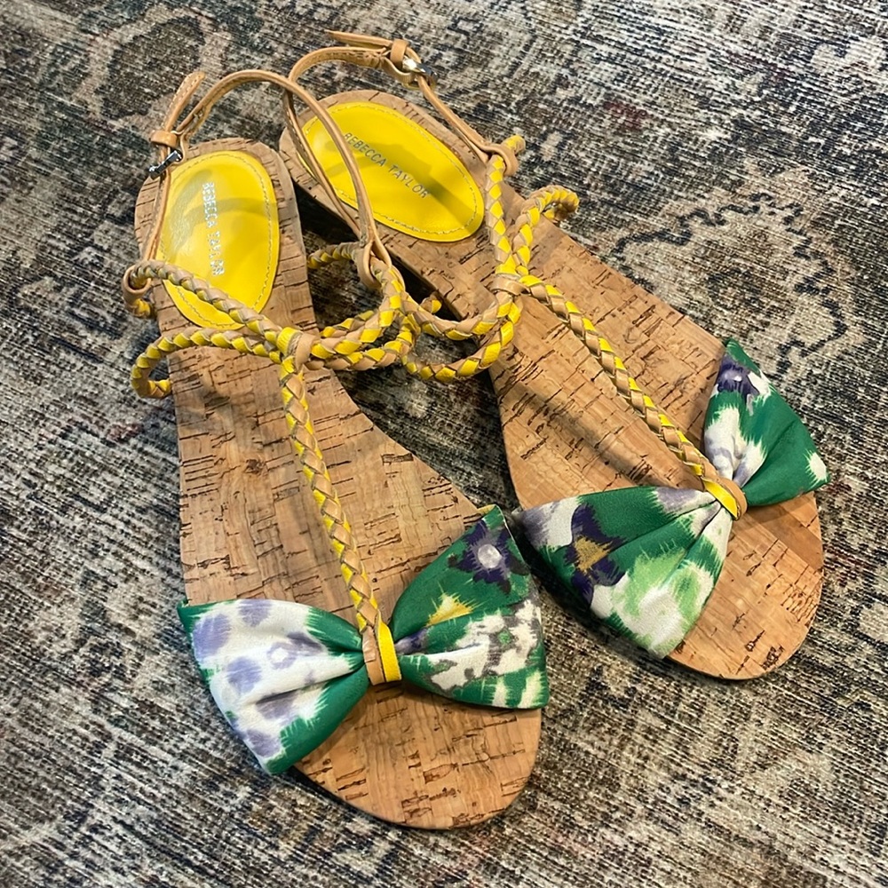 Rebecca Taylor Yellow Braided Leather Floral Cork Sandals Women's Size 6.5/7